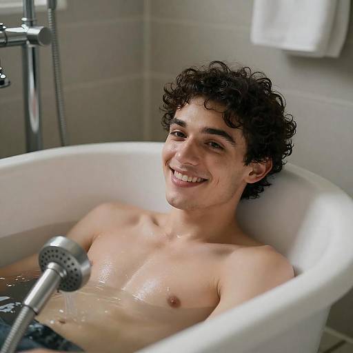 Smiling Young Man in Bathtub