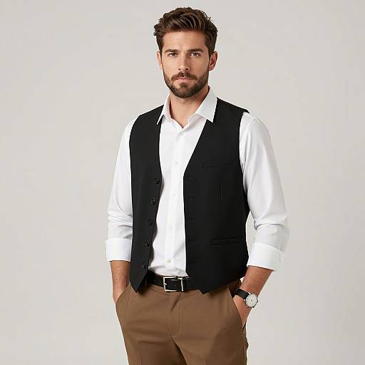 Photograph of a handsome bearded man with short brown hair, wearing a white shirt, black vest, brown pants, and black belt, standing against