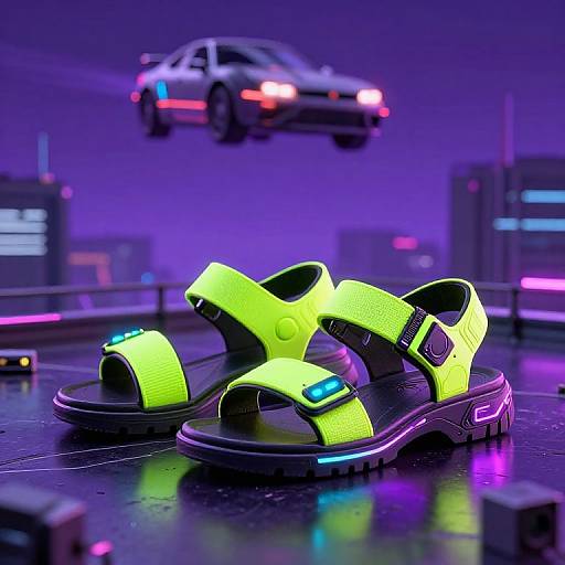 Neon-lit futuristic sneakers with glowing blue and purple accents on a reflective floor, illuminated by a hovering police car in a cyberpunk cityscape.