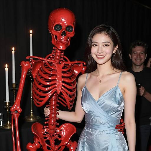 Eerie Encounter: Red Skeleton and Smiling Woman