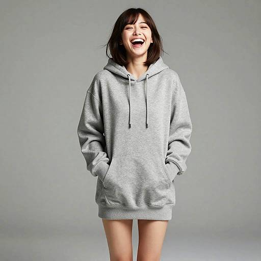Laughing Young Woman in Long Hoodie