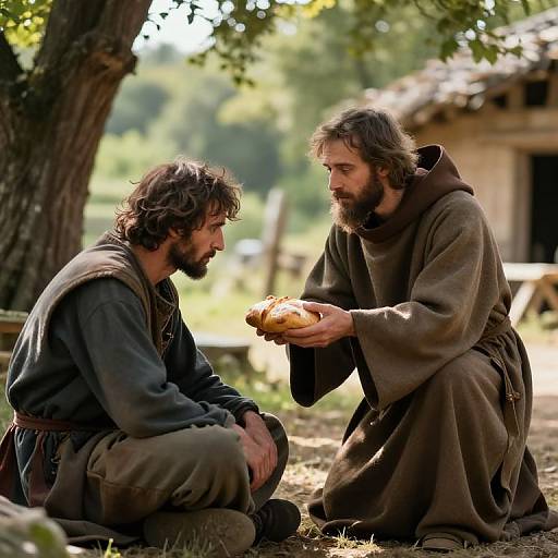 Photograph of two bearded men in rustic brown robes, sitting outdoors under a tree, one handing bread to the other, with a wooden hut in
