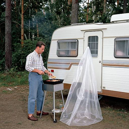 Photograph of a man in a plaid shirt and jeans grilling near a white RV, with a clear plastic canopy over the grill. Forest background