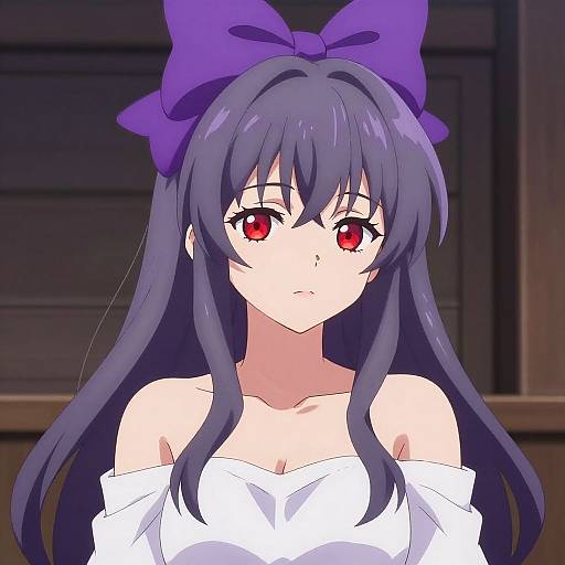 Digital anime-style drawing of a girl with long black hair, red eyes, and a large purple bow. She wears an off-shoulder white top
