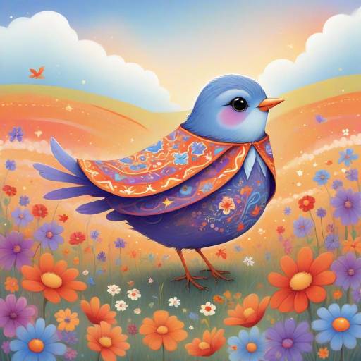 Whimsical Bird in Colorful Floral Field