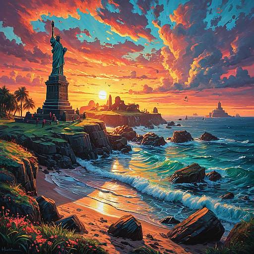 Impressionist Shore with Statue and Sunset