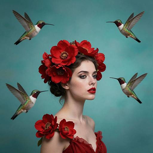 Photograph of a pale-skinned woman with red flower headpiece and dress, surrounded by four hummingbirds against a teal background.