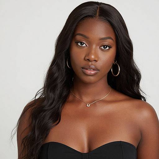 Photograph of a beautiful, dark-skinned woman with long, wavy black hair, wearing a strapless black top, gold hoop earrings, and