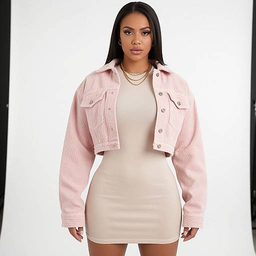 Photograph of a confident, dark-haired woman in a white mini dress and pink denim jacket, standing against a white background.