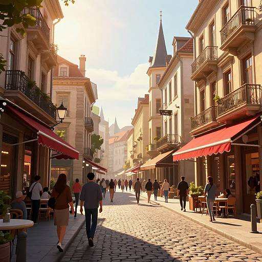 Sunlit European street scene with cobblestones, red awnings, pedestrians, and historic buildings. People walking and sitting at outdoor cafes. Bright afternoon