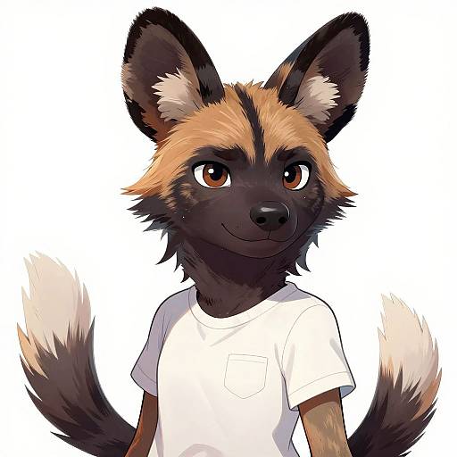 Digital drawing of an anthropomorphic African wild dog with orange-brown and black fur, brown eyes, wearing a white t-shirt, against a white background