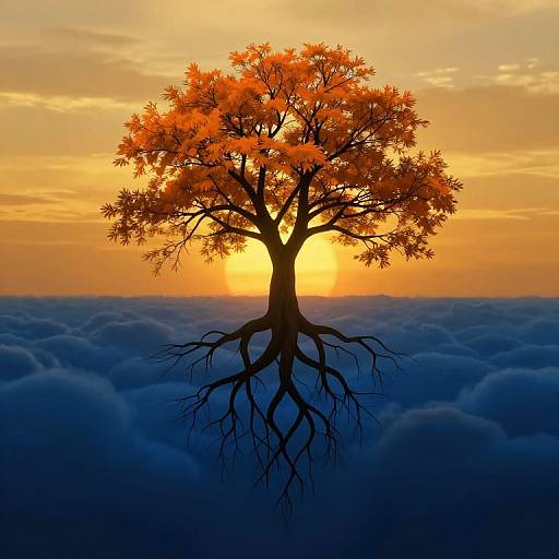 Silhouetted tree with vibrant orange leaves stands on cloud-covered ground at sunset, roots visible, against a yellow-orange sky. Digital art.