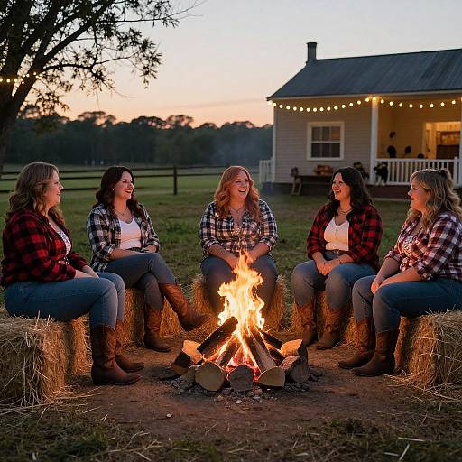 Five women in plaid shirts and jeans sit around a campfire on hay bales at dusk, in front of a lit farmhouse. Photograph.