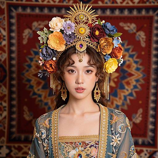 Photograph of a young woman with fair skin, wearing an elaborate floral crown, ornate blue and gold traditional dress, and gold earrings, standing against