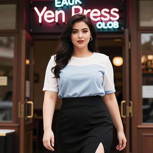 Stocky Woman at Neon Steakhouse Entrance