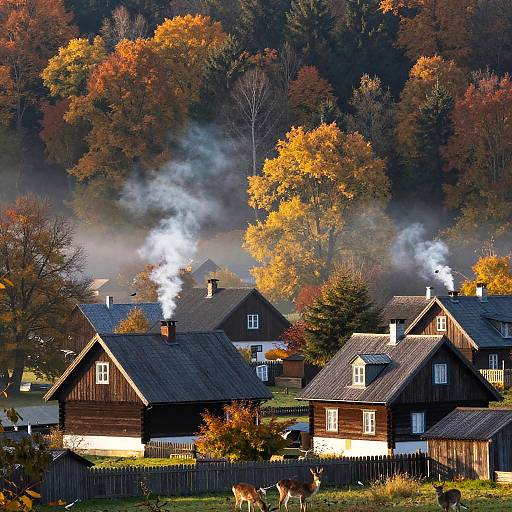 Photograph of rustic wooden houses with smoke rising, surrounded by autumn trees with vibrant orange and yellow leaves, and grazing deer in the foreground.