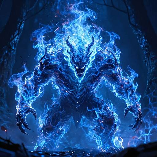 Digital artwork of a towering, blue, fire-encased monster with glowing claws and a menacing visage, set against a dark, smoky background