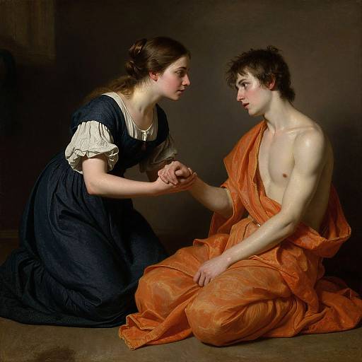 Photorealistic painting of a woman in a navy dress and white sleeves holding hands with a shirtless man in an orange drapery, against a