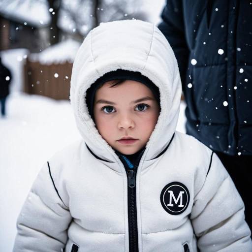 Boy in White Snow Suit with Hood Up