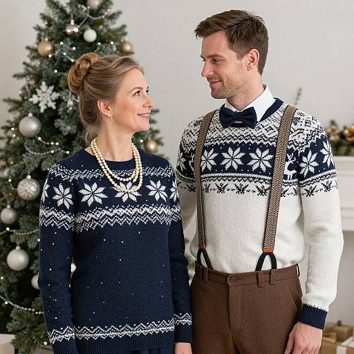 Photograph of smiling couple in winter sweaters with white snowflake patterns, standing in front of a decorated Christmas tree. Man wears brown suspenders,