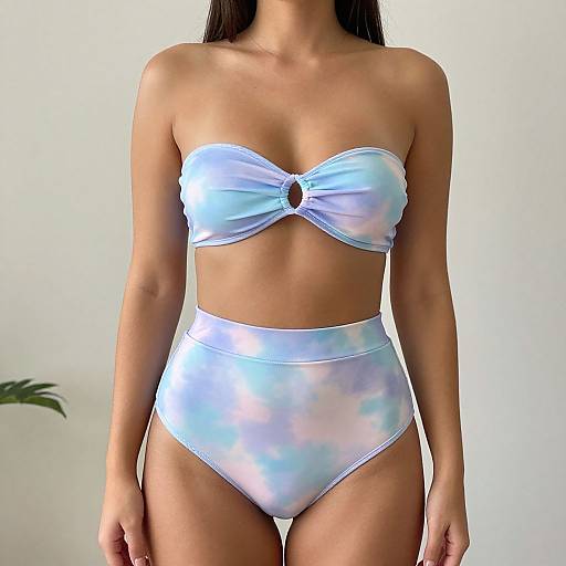 Photograph of a tanned woman wearing a pastel tie-front bikini top and high-waisted bottoms, standing against a plain white background with a