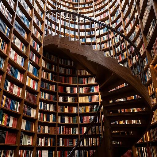 Photograph of a grand, spiral wooden bookshelf staircase ascending through a towering, circular library filled with colorful, tightly-packed books.
