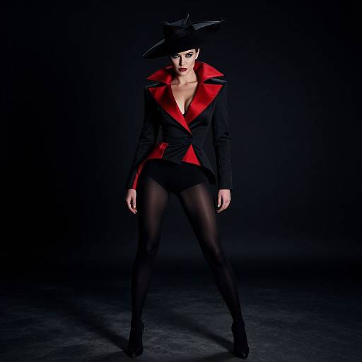 Photograph of a pale-skinned woman with dark makeup, wearing a black hat, red and black jacket, black shorts, and black tights,
