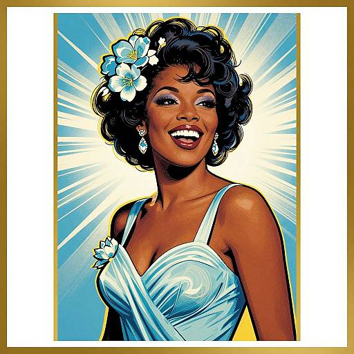 Colorful comic-style illustration of a smiling, dark-skinned woman with curly black hair, wearing a white floral dress and flower hairpiece, radiant with