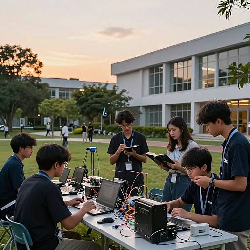 Photograph of five Asian high school students in black shirts, working on laptops and electronics outdoors at a modern school, during sunset.