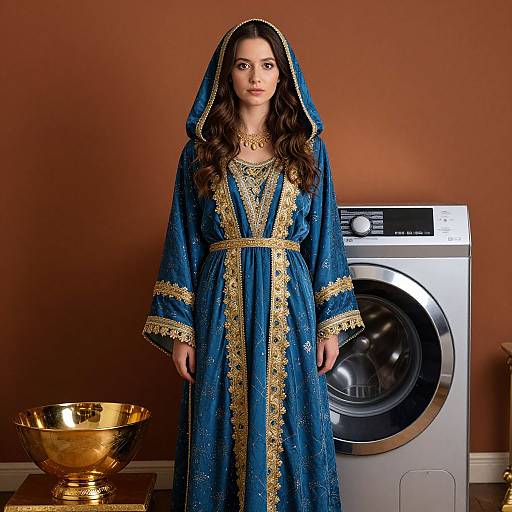 Regal Woman with Modern Washing Machine