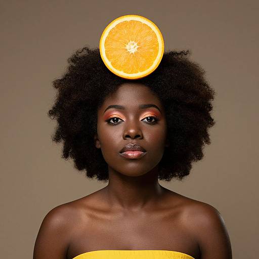 Photograph of a dark-skinned woman with an afro hairstyle, wearing a yellow strapless top, with a floating orange slice above her head against