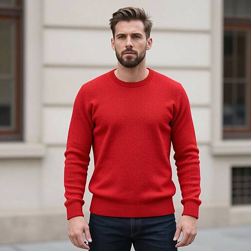 Photograph of a bearded man with dark hair, wearing a bright red knit sweater and black pants, standing against a blurred white building background.