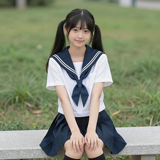 Asian Schoolgirl in Sailor Uniform Sitting on Bench