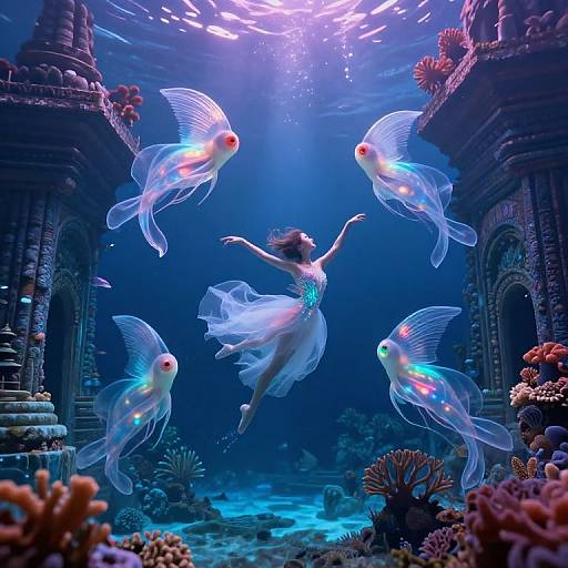 Surreal Underwater Ballet with Luminous Marine Creatures