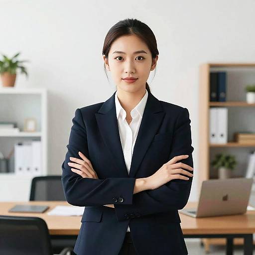 Photograph of an Asian woman with straight black hair in a professional black suit and white shirt, standing with arms crossed in a bright office with blurred shelves
