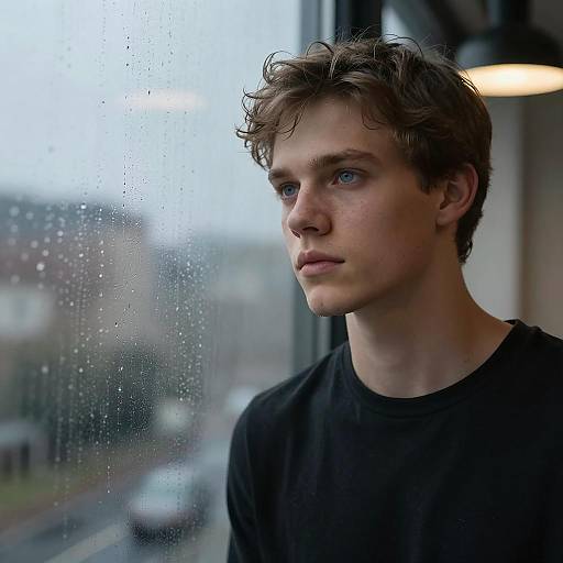 Young Man by a Rain-Streaked Window