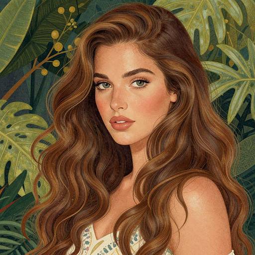 Digital artwork of a beautiful young woman with long, wavy brown hair, green eyes, and fair skin, set against a lush, tropical foliage background
