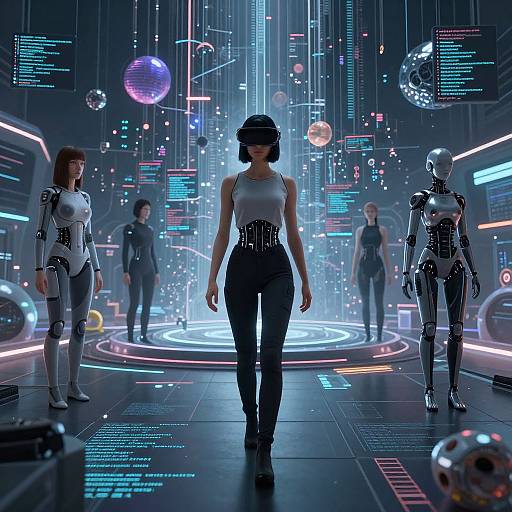 Cyberpunk digital art: Central woman in black top and pants, surrounded by neon-lit futuristic background, robots, and floating spheres.