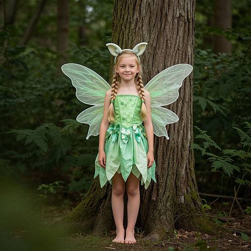 Photograph of a young blonde girl with braided hair, wearing a green fairy costume, transparent wings, and a headband with bunny ears, standing