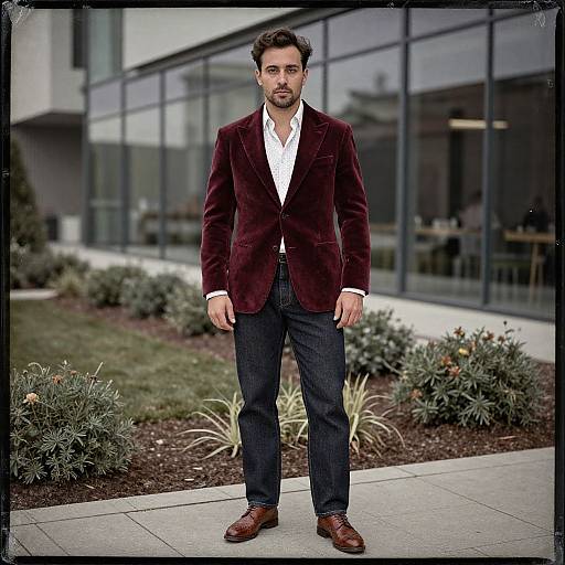 Photograph of a bearded man with dark curly hair, wearing a burgundy velvet blazer, white shirt, dark jeans, and brown shoes,