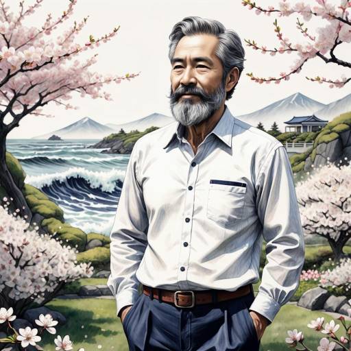 Elderly Asian Man by Seaside with Cherry Blossoms