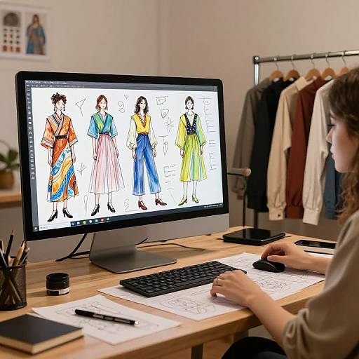 Photograph of a woman at a wooden desk, drawing colorful digital sketches of women in dresses on a computer monitor.