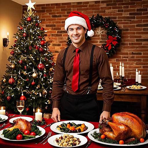 Man in Santa Hat at Christmas Dinner Table