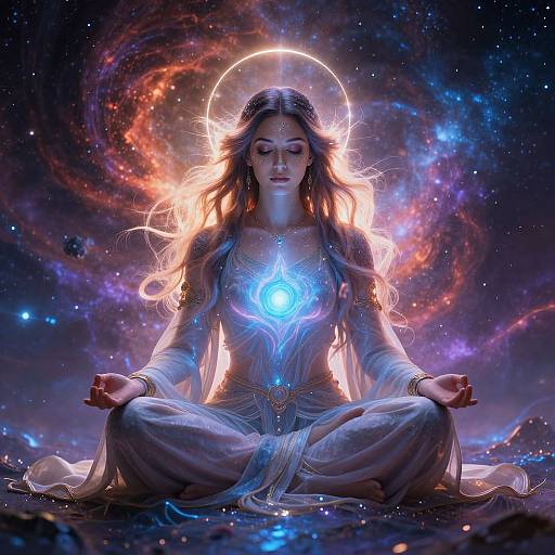 Digital art: Meditating woman with long, flowing hair, glowing blue heart on chest, cosmic nebula background, halo effect, sitting cross-legged.