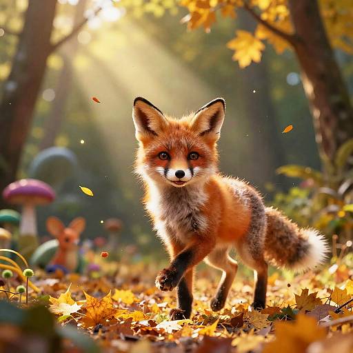 Whimsical Fox Cub Dancing in Autumn