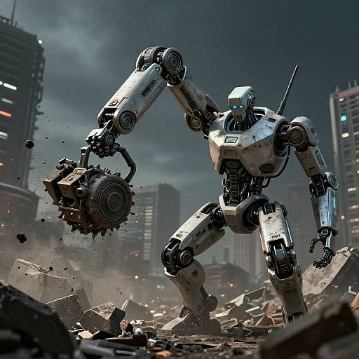 CGI image of a white, humanoid robot with glowing blue eyes, smashing rubble with a mechanical arm in a dark, post-apocalyptic cityscape.
