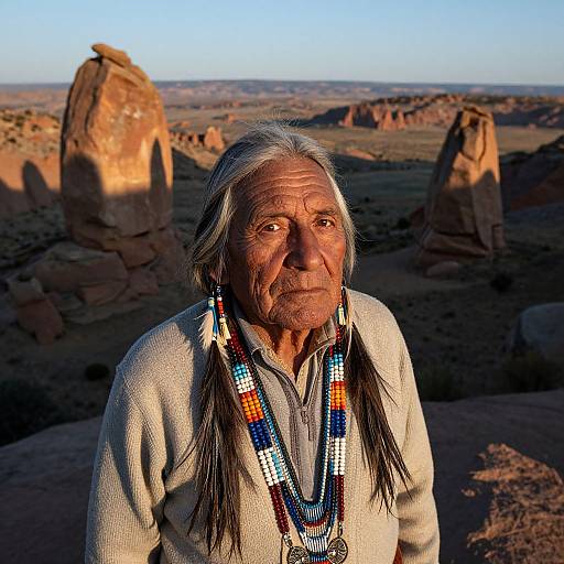 Photograph of an elderly Native American man with long gray hair, wearing a multicolored beaded necklace and beige shirt, standing in a sunlit