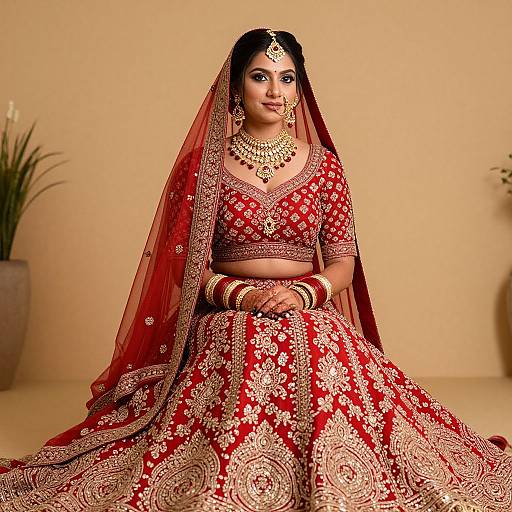 Photograph of a South Asian woman in a traditional red and gold embroidered wedding saree, adorned with jewelry, including a maang tikka, against