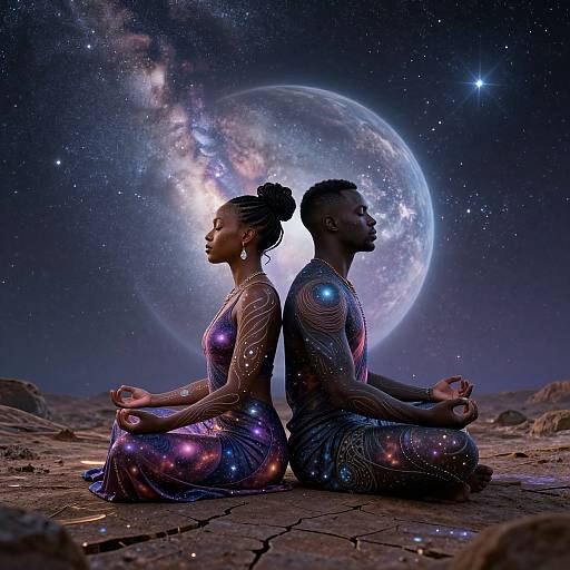 Photograph-style digital art of two African individuals, one female and one male, sitting in meditation back-to-back, galaxy and moon backdrop, wearing galaxy