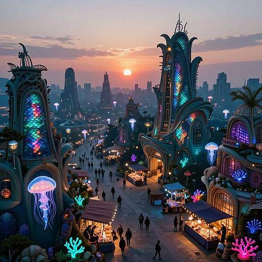 Fantasy cityscape at sunset, illuminated by colorful bioluminescent buildings and jellyfish, with silhouetted people walking through a bustling market